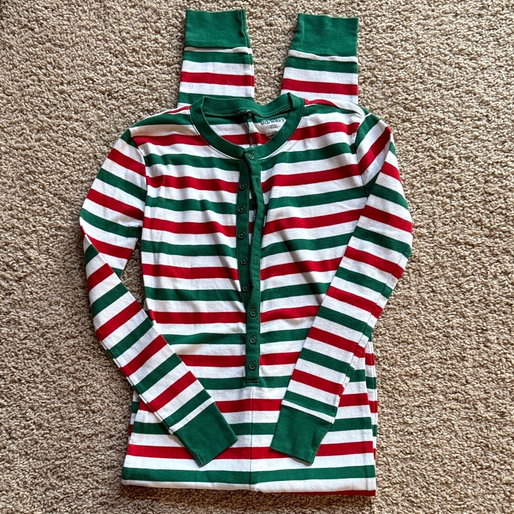 Old Navy Red, Green & White Striped one piece pajamas